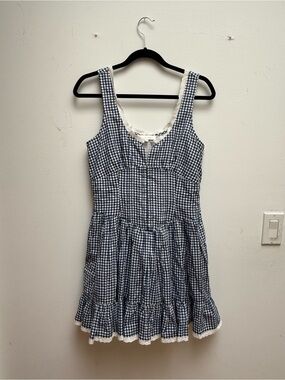 Love Shack Fancy Gingham Lace-Trim Dress - Navy and White